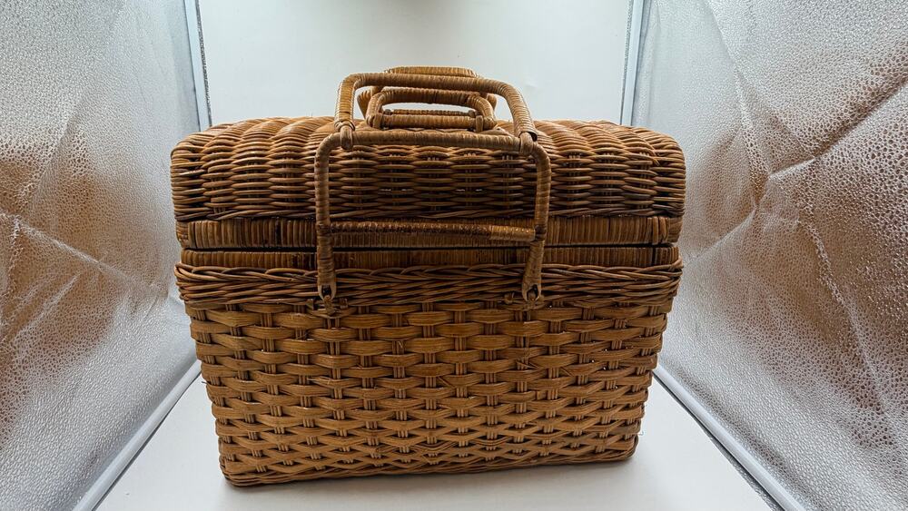 Woven Wicker Picnic Basket Hinged Lid Folding Handles Rustic Storage Hamper